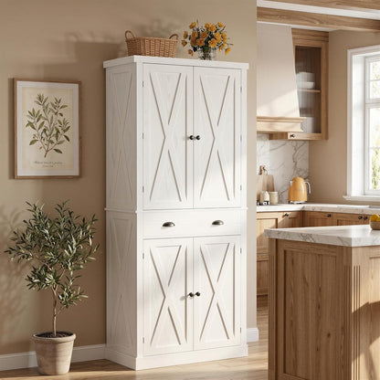 72.6" Tall Farmhouse Kitchen Pantry with Drawer and Adjustable Shelves, Freestanding Storage Cabinet with X-Design Doors, Large Floor Cupboard for Kitchen, Dining Room, White