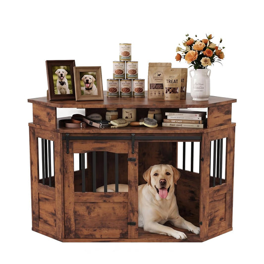 Dog Crate Furniture, 52" Corner Dog Crate End Table Brown