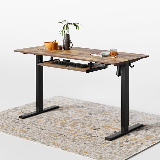 48 x 24 Inches Large Height Adjustable Electric Standing Desk with Keyboard Tray, Ergonomic Workstation for Home Office, Black Frame Rustic Brown Top