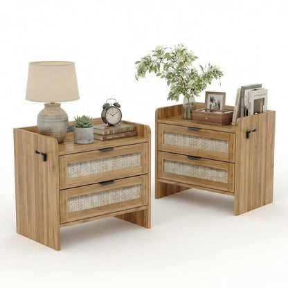 GAOMON Rattan Nightstand Set of 2, Modern Bedside Table with Type-c Charging, 2 Drawer Storage for Bedroom, Office & Living Room，Oak