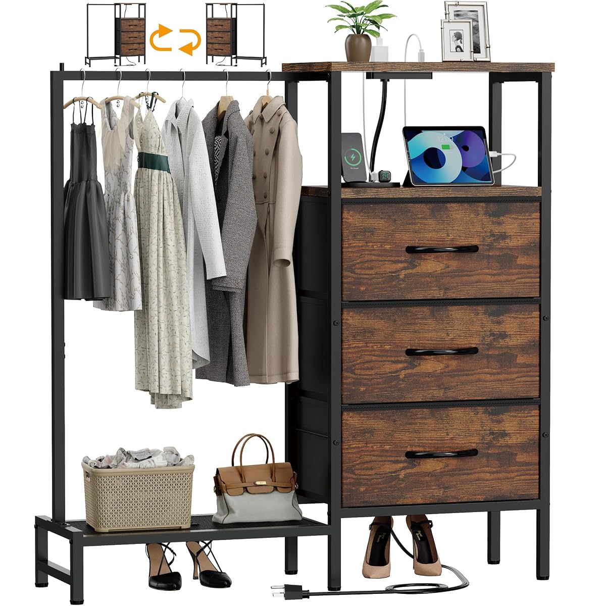 Dresser for Bedroom with Hanging Rack, 3 Drawers Closet with Charging Station