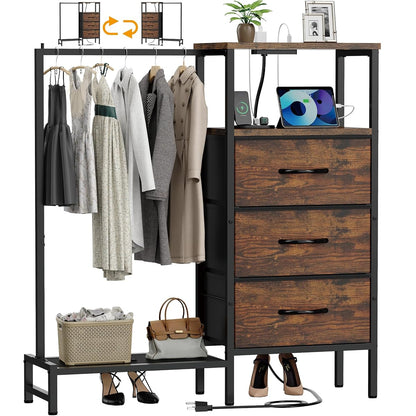 Dresser for Bedroom with Hanging Rack, 3 Drawers Closet with Charging Station
