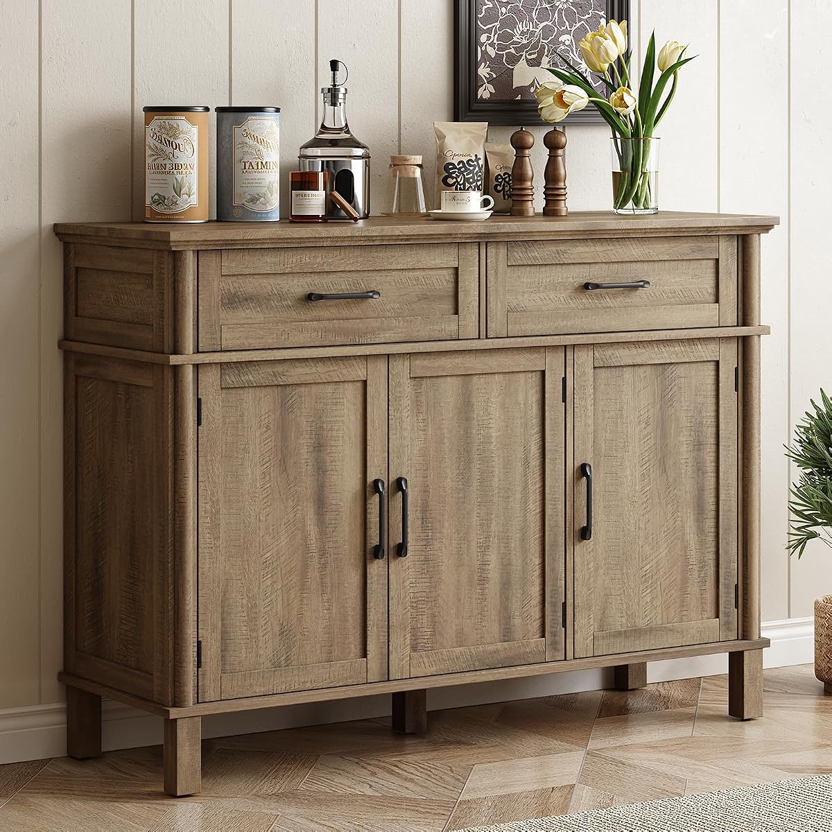 48 Inch Buffet Cabinet with Storage, Washed Grey