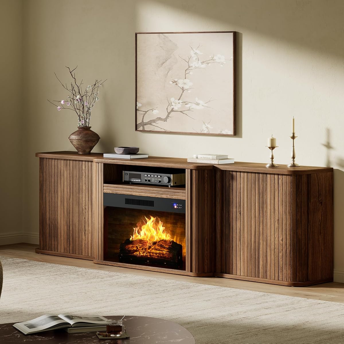 70" Fluted Electric Fireplace TV Stand, Mid Century Modern, Walnut