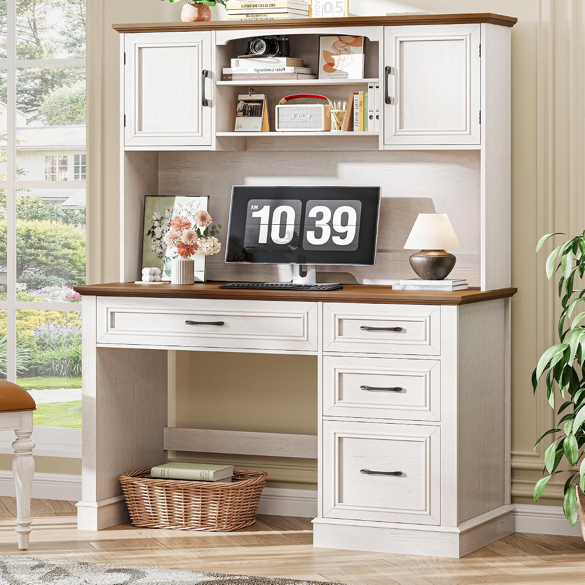 Farmhouse 67" H Executive Desk with Hutch, LED Light and Charging Station