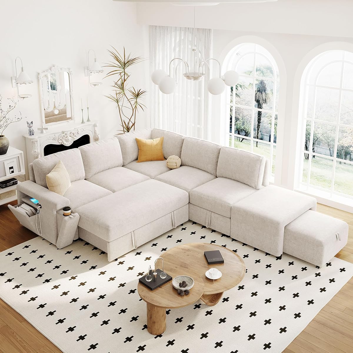 L-Shaped Modular Sofa with Removable Storage Ottoman, USB Ports and Cup Holder, Upholstered Sectional Couch & Armrest, Free Combination Indoor Furniture for Living Room, Apartments, Beige