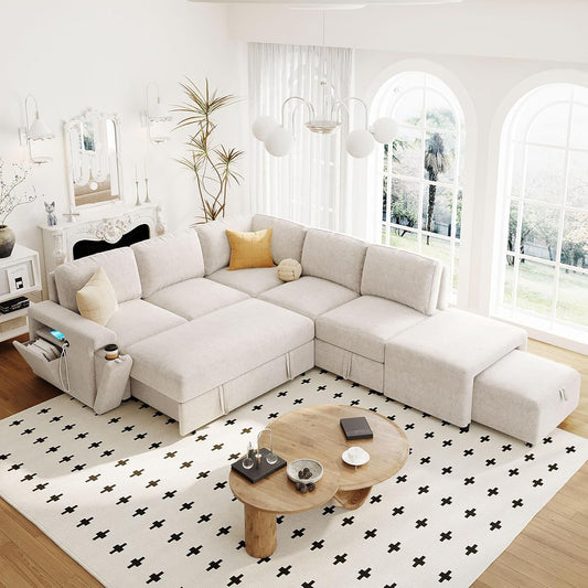 L-Shaped Modular Sofa with Removable Storage Ottoman, USB Ports and Cup Holder, Upholstered Sectional Couch & Armrest, Free Combination Indoor Furniture for Living Room, Apartments, Beige