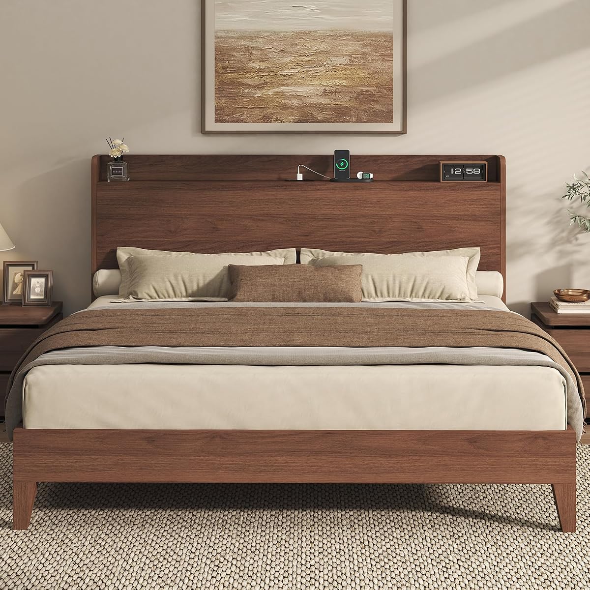 King Size Bed Frame with Storage Headboard & Charging Station, Walnut