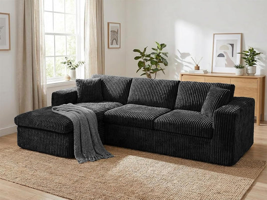 105" Boneless Couches for Living Room, Sectional Couches Modular Sofa with L-Shaped Chaise, Memory Foam Comfy Cloud Couch with Plush Corduroy Fabric, No Assembly Required, Black