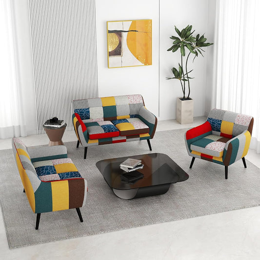 Modern Colorful 3 Piece Coroful Fabric Sofa Set, Included Accent Chair and Boho 2 Loveseat, Linen Patchwork Plaid Couches with Rubberwood Legs and Removable Upholstered for Living Room