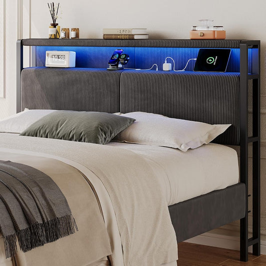 Corduroy Queen Size Headboard with Storage, Dark Grey