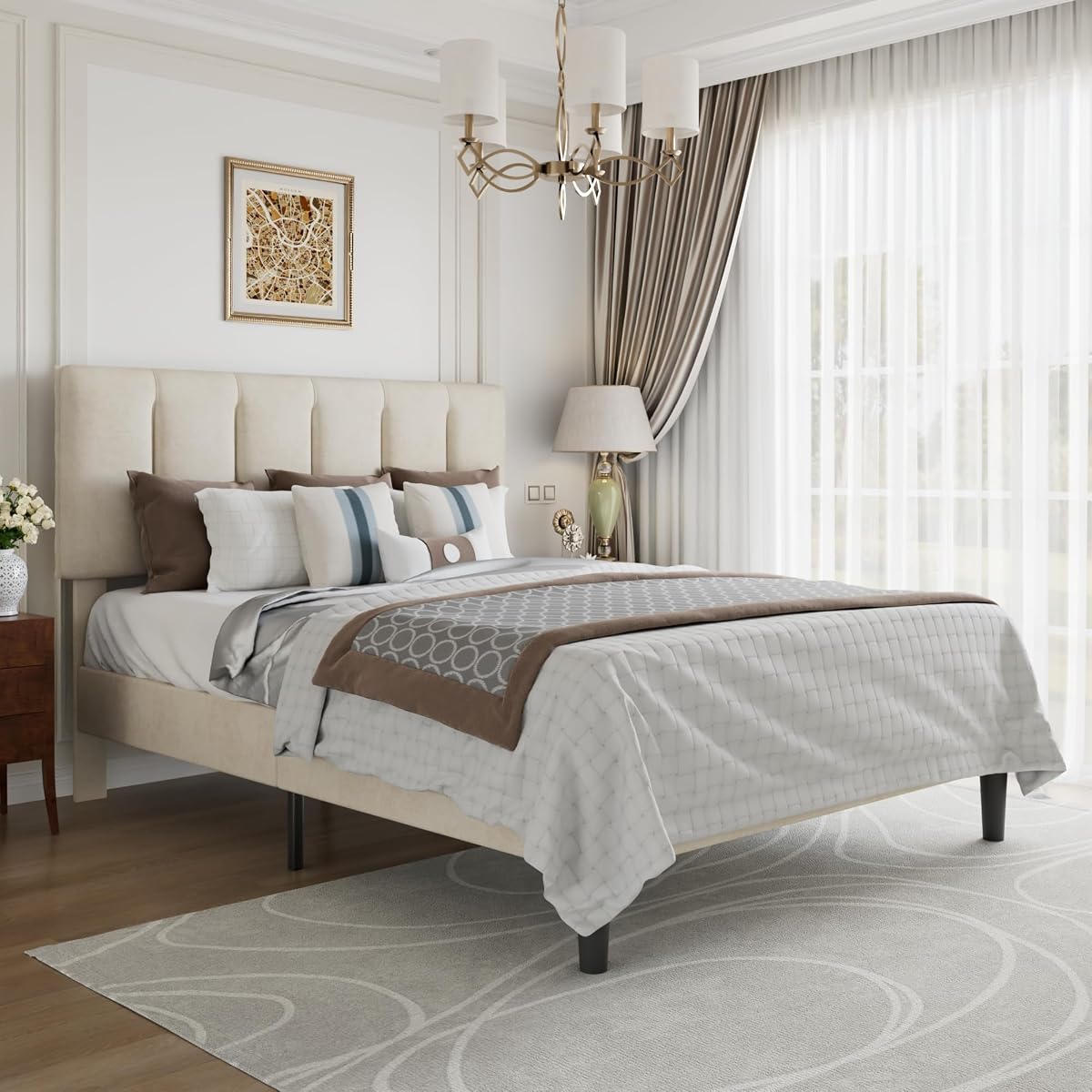 Queen Size Bed Frame with Upholstered Headboard, Pale Beige