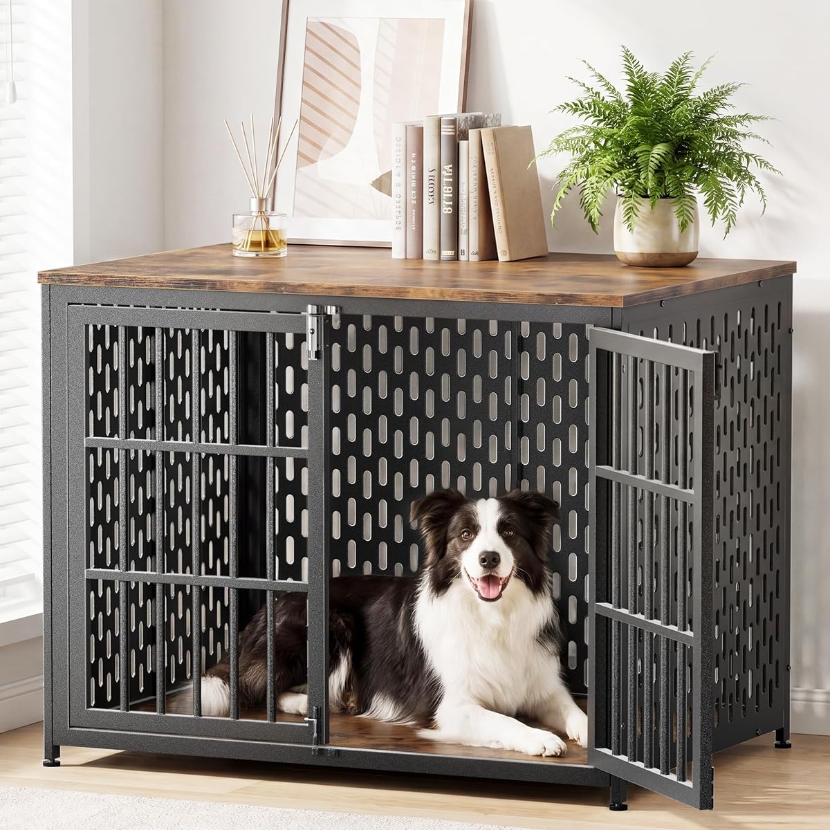 Dog Crate Furniture 42in, Heavy Duty End Table with Perforated Steel Chew-Proof Panels, Escape-Proof Indoor Dog Kennel for Large Dogs (60-90 lbs) Waterproof & Scratch-Resistant