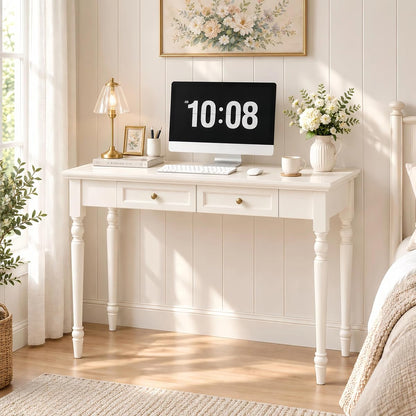 47" Narrow Solid Wood Writing Desk with 2 Drawers,White