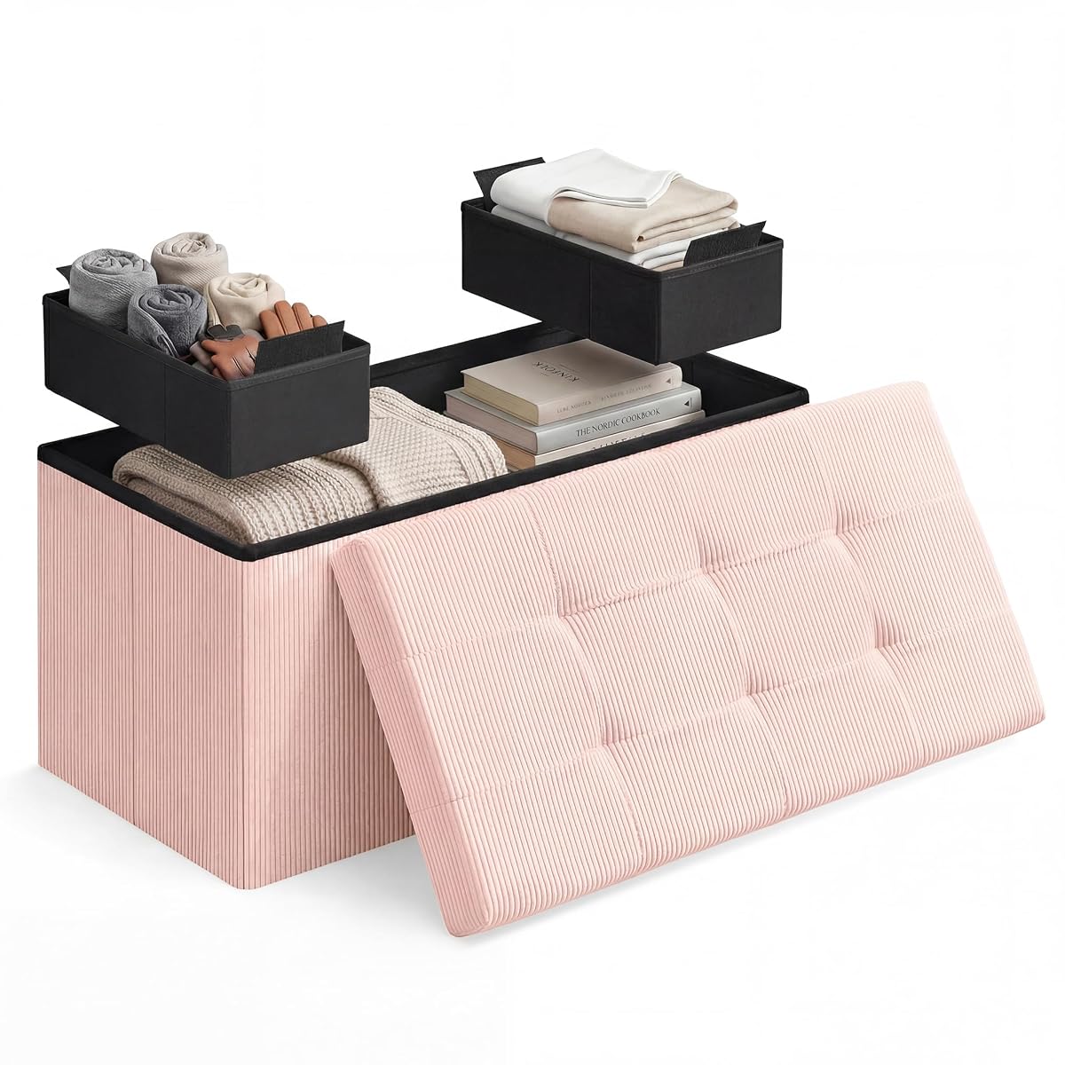 Ottoman with Storage, Removable Lid, Folding Storage Chest, Easy Assembly, for Entryway, Bedroom, Living Room, 15.2 x 30.2 x 15.2 Inches, Corduroy, Light Pink