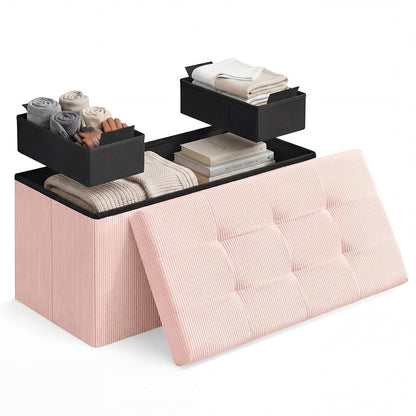 Ottoman with Storage, Removable Lid, Folding Storage Chest, Easy Assembly, for Entryway, Bedroom, Living Room, 15.2 x 30.2 x 15.2 Inches, Corduroy, Light Pink