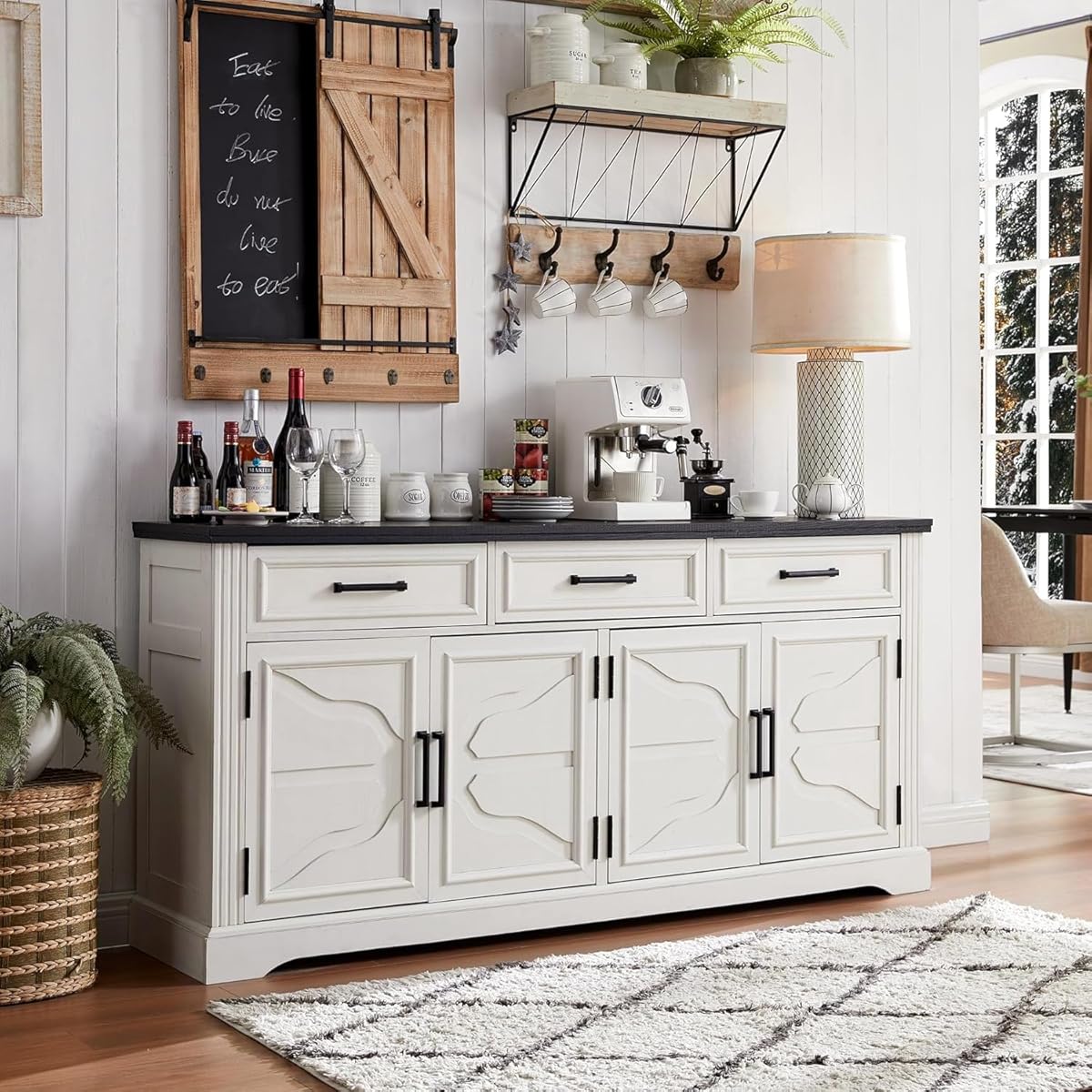 66" Farmhouse Buffet Cabinet with Storage, Sideboard Credenza with 4 Door Cabinets, Adjustable Shelves & 3 Drawers, Coffee Bar Cabinet for Dining Room, Kitchen, Living Room, Off White