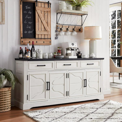 66" Farmhouse Buffet Cabinet with Storage, Sideboard Credenza with 4 Door Cabinets, Adjustable Shelves & 3 Drawers, Coffee Bar Cabinet for Dining Room, Kitchen, Living Room, Off White