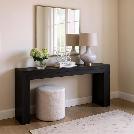 Grand Console Table, 66 Inch Modern Solid Wood Sofa Table, Narrow Entryway Table for Hallway, Behind the Couch, Living Room, Foyer, Black Wirebrush