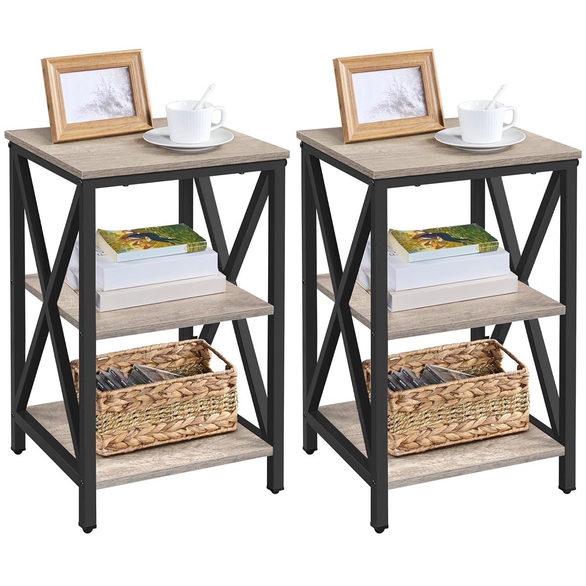 Yaheetech Industrial End Tables Set of 2, 3-Tier Side Tables with Storage Shelves for Living Room, X Design Sofa Tables, Strong Metal Frame, Easy Assembly, 16x16x24.5 in, Gray