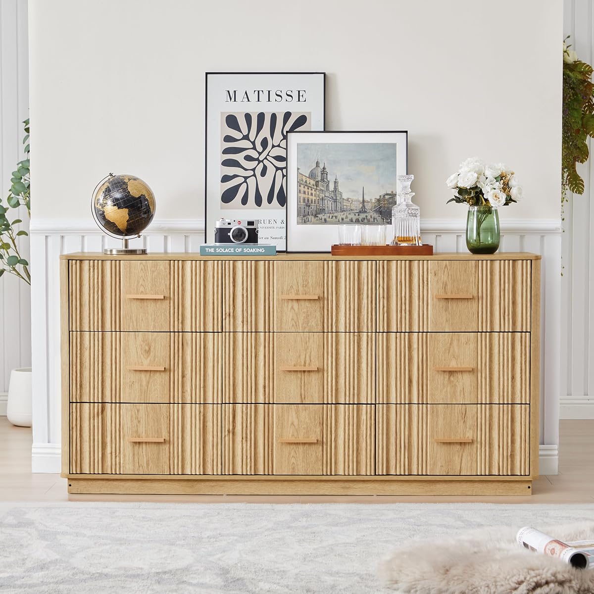 Fluted 9 Drawer Dresser,59"Wide Modern Chest of Drawers with Sturdy Base,Wood Closet Organizers,TV Stand,Storage Dresser with 9 Deep Drawers for Bedroom Living Room Hallway Entryway Nursery(Natural)
