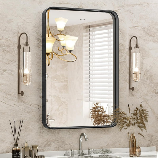 Black Metal Framed Vanity Rounded Rectangle Bathroom Mirrors for Over Sink Wall