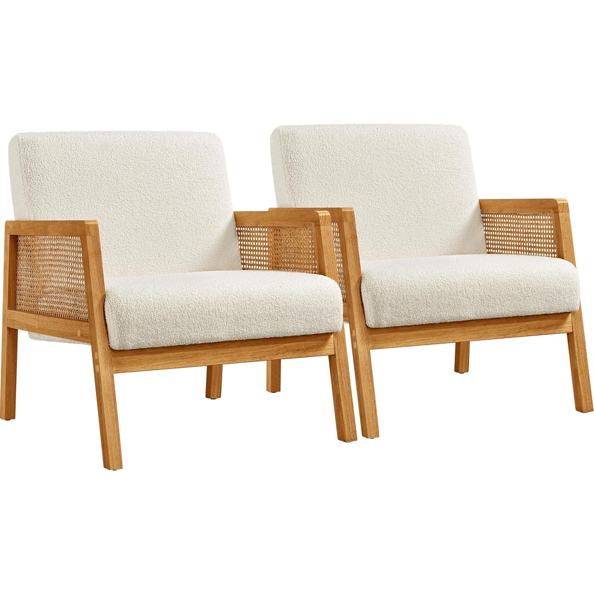 Yaheetech Rattan Accent Chairs Set of 2, Boho Vintage Armchair, Boucle Fabric Reading Chair with Wood Armrest and Legs for Living Room Bedroom Reception, Ivory
