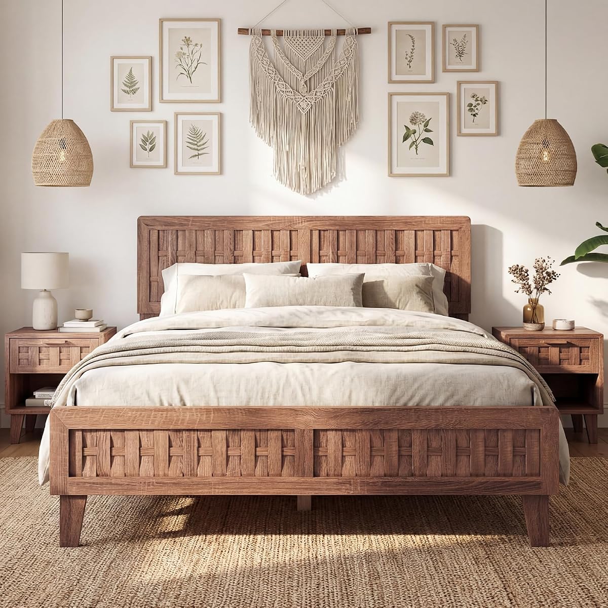 Wood Queen Size Bed Frame with Woven Headboard