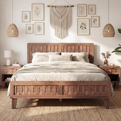 Wood Queen Size Bed Frame with Woven Headboard