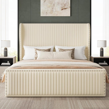 Queen Size Bed Frame with 55" Headboard Nailhead Trim Design, White