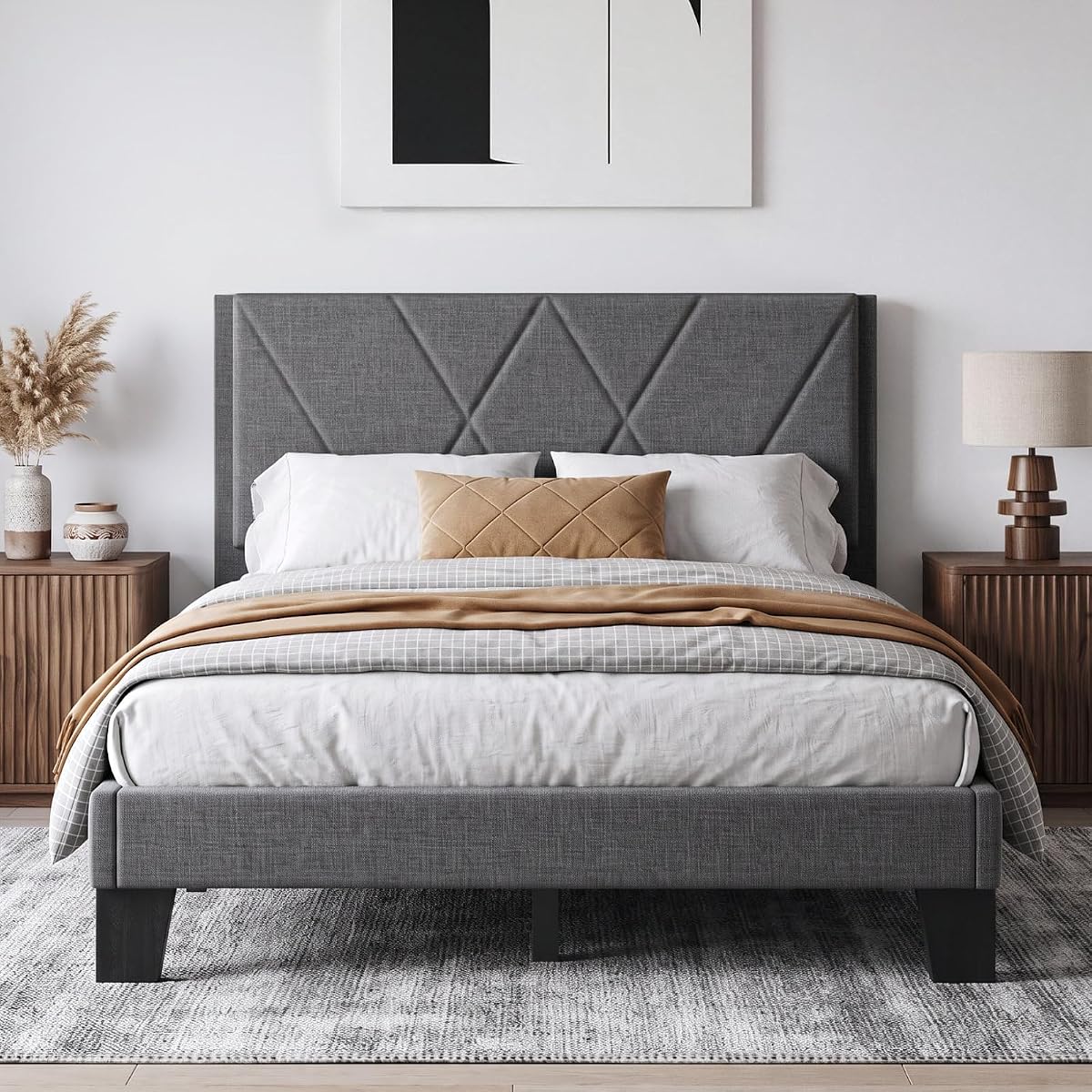 Full Platform Bed Frame with Upholstered Headboard, Gray