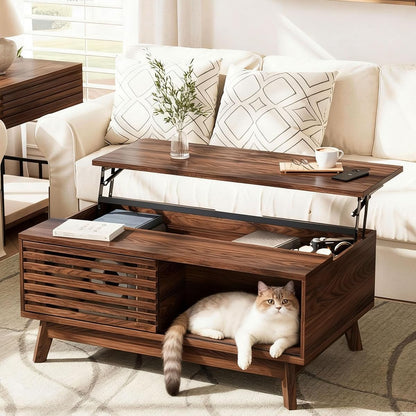 Lift Top Coffee Table, Mid Century Modern Coffee Table with Storage for Living Room, 35.4'' Walnut Coffee Tables with Sliding Fence Door (Brown)