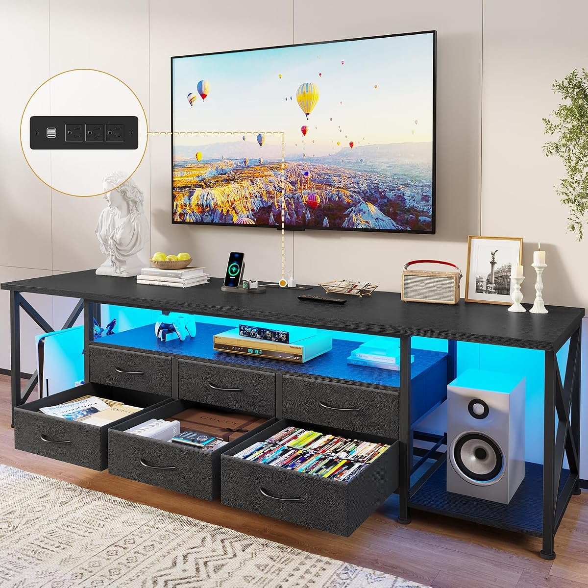 TV Stand with LED Lights & Power Outlets, for TVs up to 85 Inches