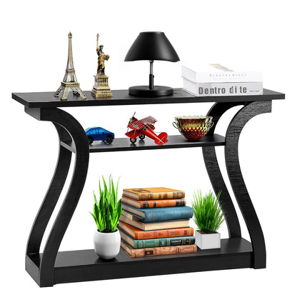 47 in Narrow Console Table, 3 Tier Entryway Table, Wood Sofa Table Decorative Hallway Table with Shelves, Curved Frame for Living Room Front Door Entrance (Black, Flat Surface)