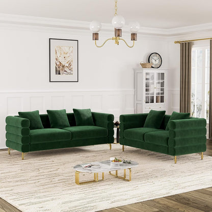 Living Room Sofa Couch and Loveseat Set, Modern Comfy Velvet Deep Seat Cloud Couch with 5 Pillows, Oversized Sofa Furniture Sets for Living Room Bedroom, Emerald Green Velvet