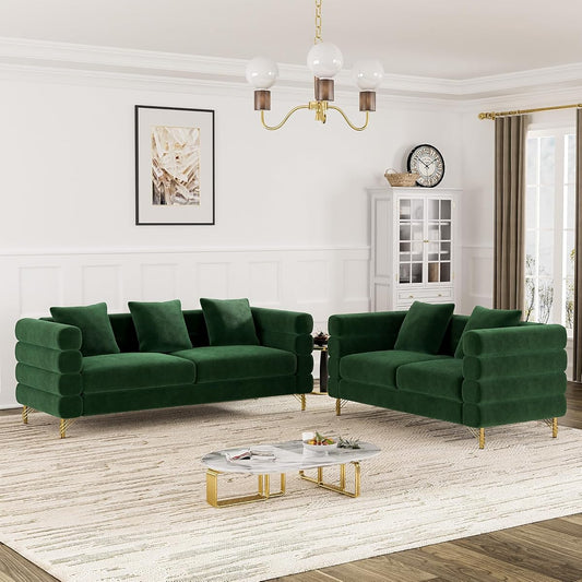 Living Room Sofa Couch and Loveseat Set, Modern Comfy Velvet Deep Seat Cloud Couch with 5 Pillows, Oversized Sofa Furniture Sets for Living Room Bedroom, Emerald Green Velvet