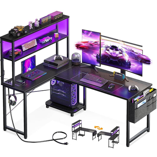 L Shaped Desk Gaming Desk with LED Light & Power Outlet
