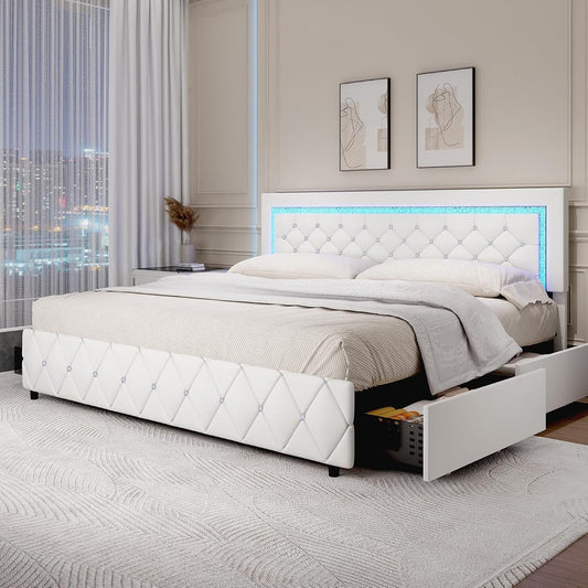 King Size Bed Frame with LED Lights and Storage Drawers