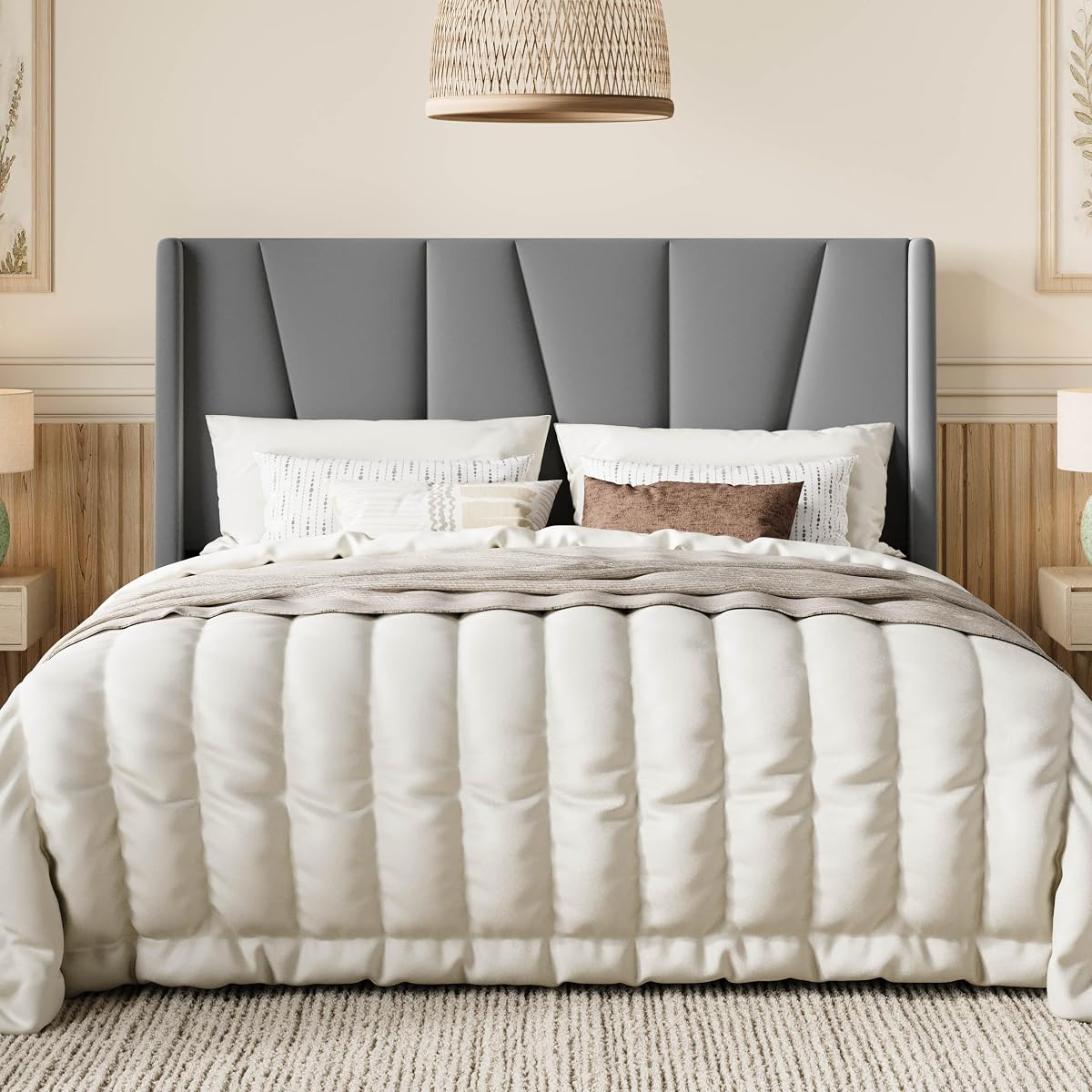 Queen Size Upholstered Platform Bed Frame with Headboard, Grey