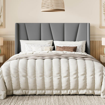 Queen Size Upholstered Platform Bed Frame with Headboard, Grey
