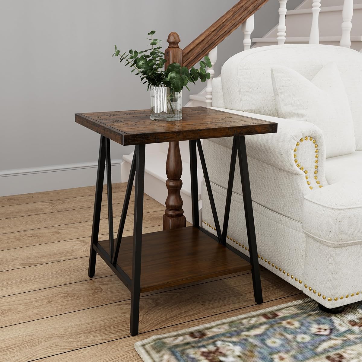 2 Tier Square Industrial End Table, Wooden Bedside Table with Saw Marks Top and Black Metal Legs, Sofa Side Table for Living Room, Bedroom, Office, Waiting Room, Dark Walnut, 20x20x24in