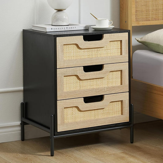 Boho rattan nightstand with three drawers and metal handles