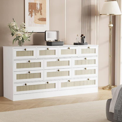 12 Drawer Wooden Dresser for Bedroom, Rattan Chest of Drawers for Closet, Living Room, Hallway, 61 Inch Wood Wide TV Stand Dressers for 65 Inch TV, Modern Dresser for Adult Room
