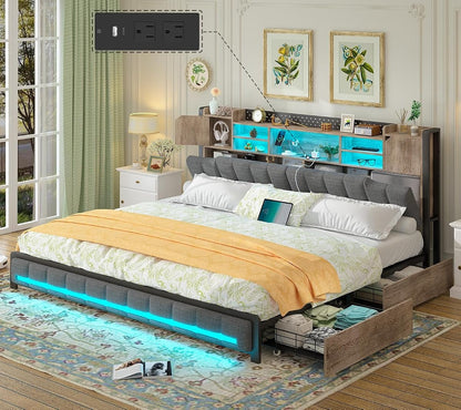 King Size Bed Frame and Bookcase Headboard & Storage Drawers, LED