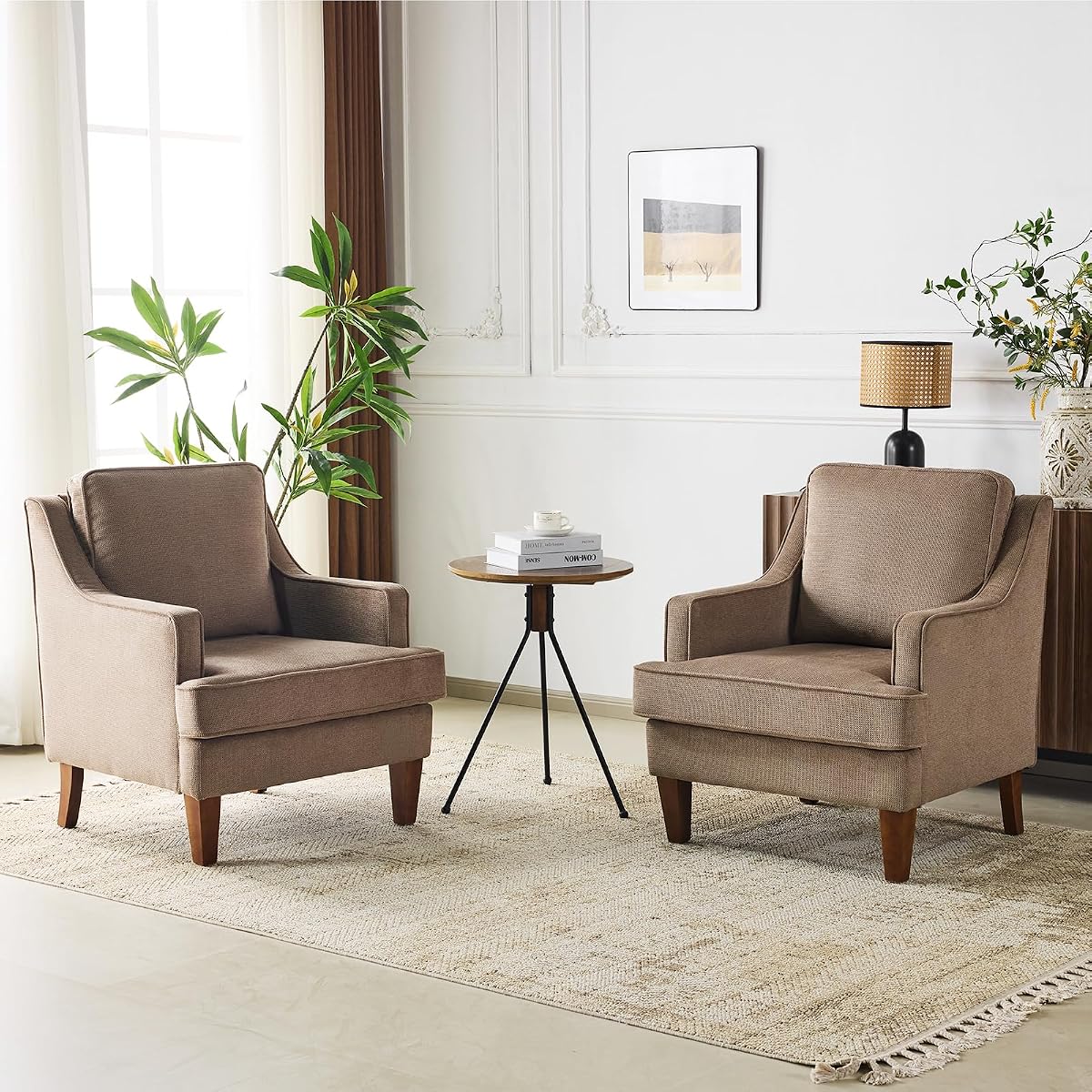 Mid-Century Accent Chairs Set of 2, Light Brown Upholstered Armchair Comfy Sofa Chairs Reading Chair High Back Living Room Bedroom Furniture for Apartment