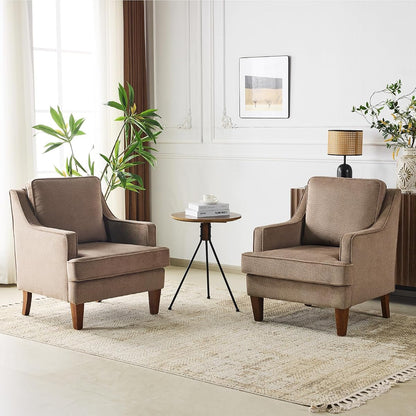 Mid-Century Accent Chairs Set of 2, Light Brown Upholstered Armchair Comfy Sofa Chairs Reading Chair High Back Living Room Bedroom Furniture for Apartment