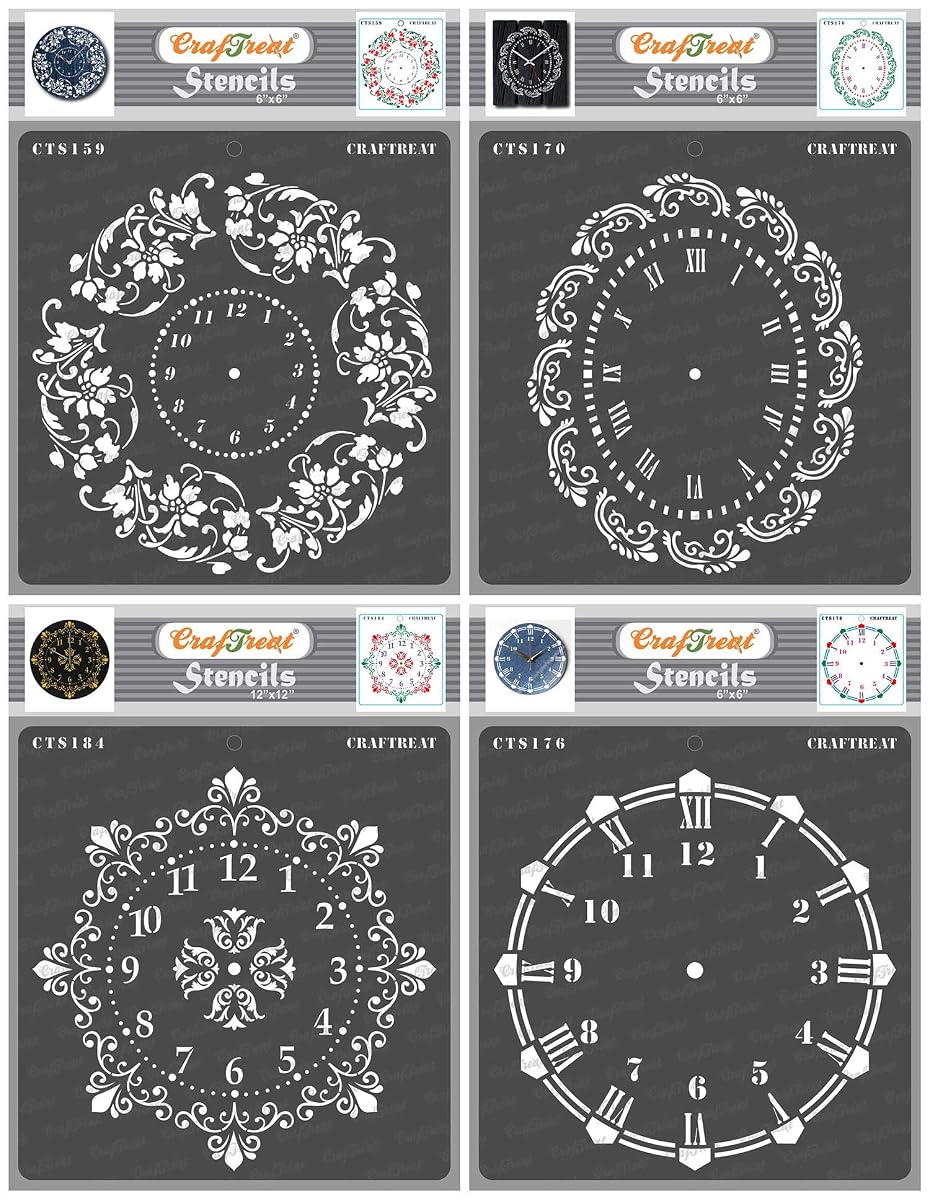 Doily Clock Stencils for Painting on Wood, Canvas, Paper, Fabric, Wall and Tile - Floral Clock, Oval Doily, Ornate Clock and Wall Clock - 4 Pcs - 6x6 Inches Each - Reusable DIY Stencils