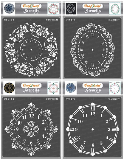 Doily Clock Stencils for Painting on Wood, Canvas, Paper, Fabric, Wall and Tile - Floral Clock, Oval Doily, Ornate Clock and Wall Clock - 4 Pcs - 6x6 Inches Each - Reusable DIY Stencils