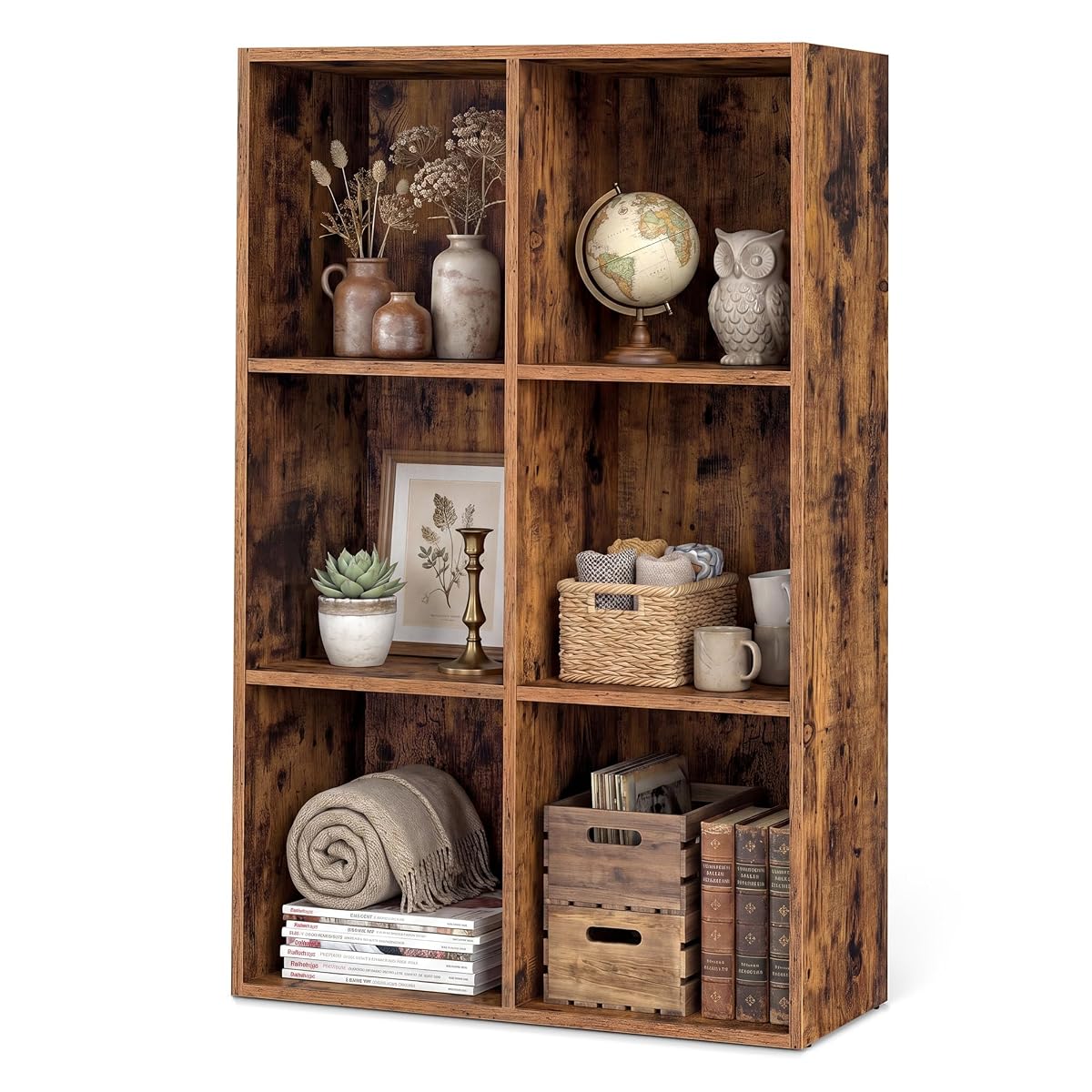 Bookshelf, Storage Shelf with 6 Open Compartments, Bookcase Organizer Unit for Home Office, Living Room, Dining Room, Brown