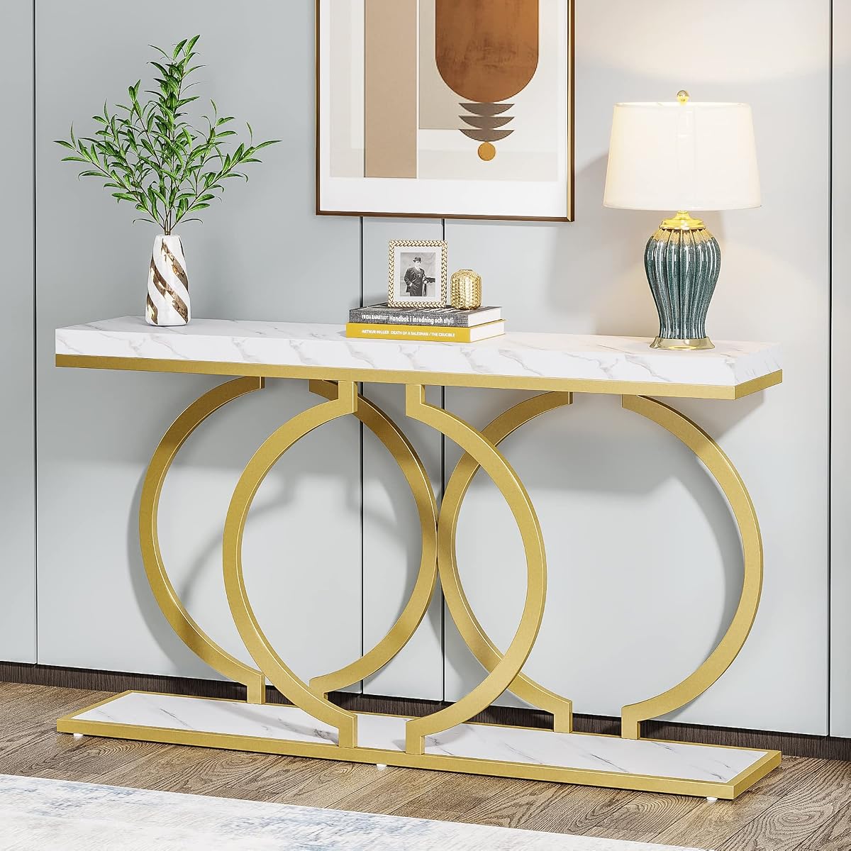 Tribesigns Gold Console Table, 55 inch Modern Entryway Table with Geometric Metal Frame, Faux Marble Narrow Long Sofa Table for Living Room, Entrance, Hallway, White and Gold